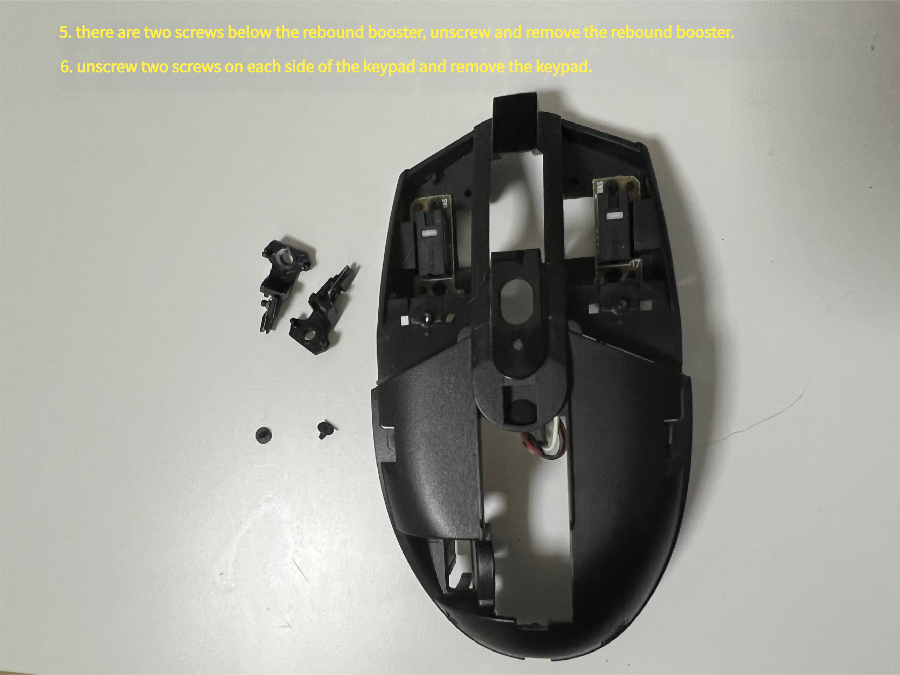 Left/right switch PCBs detached for micro-switch replacement (G304/G305 double click fix)